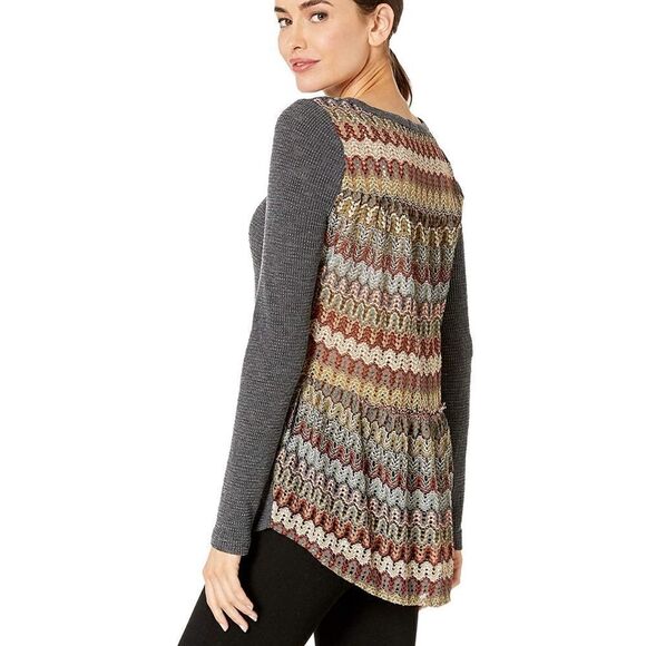 Dylan by True Grit™ Burnout Waffle Long Sleeve Crew with Crochet Back NWT Gray - Picture 1 of 7